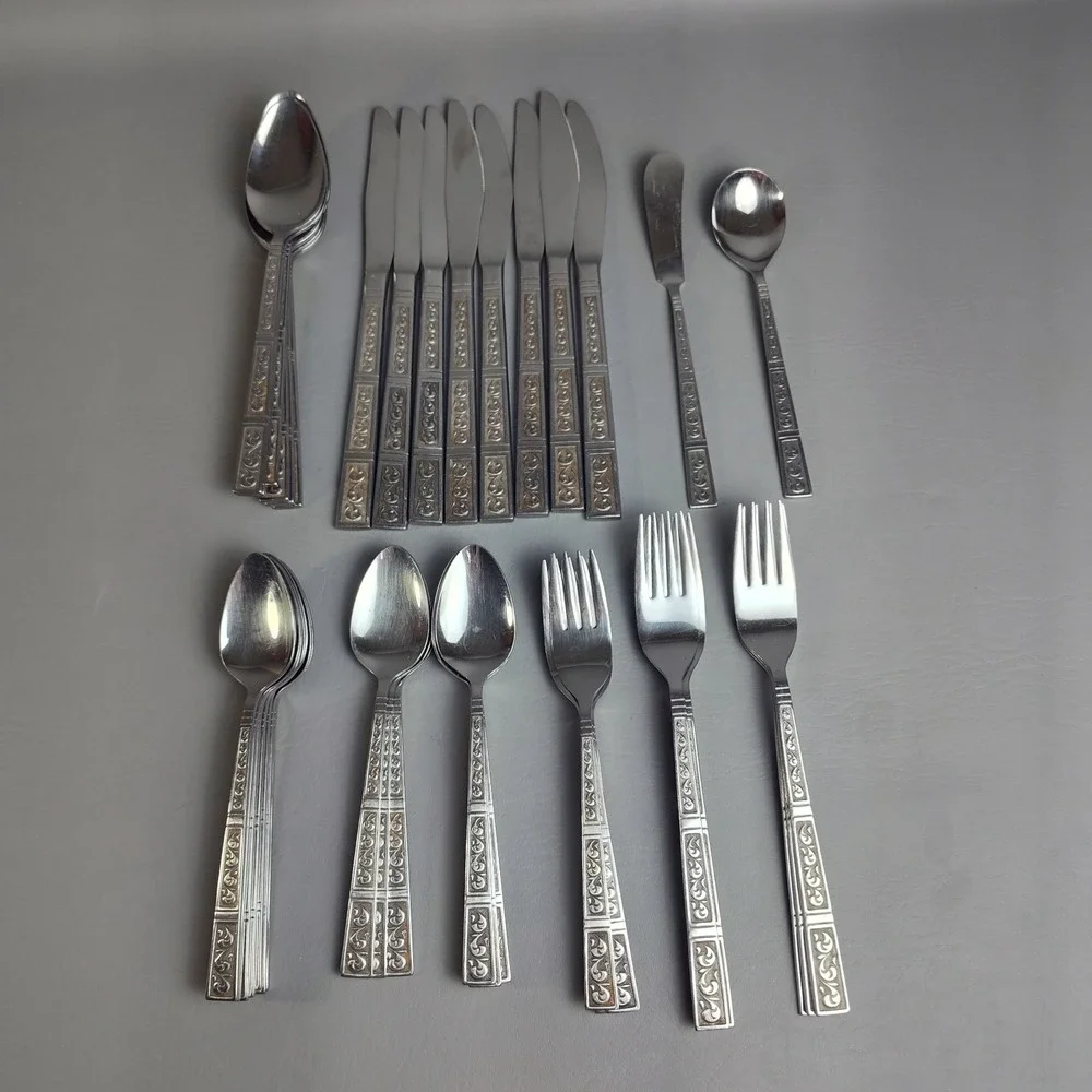 Vintage Riviera RIF4 Stainless Flatware Japan Set Of 43 Scroll Black Textured